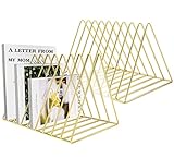 VOSTOR Files Folder Stand Desktop File Organizer, Copper Wire Book Shelf Magazine Rack, 9 Slot File Sorter Eye-catching Decoration for Indoor Office Home, Photography Props (Gold 2 Pcs)