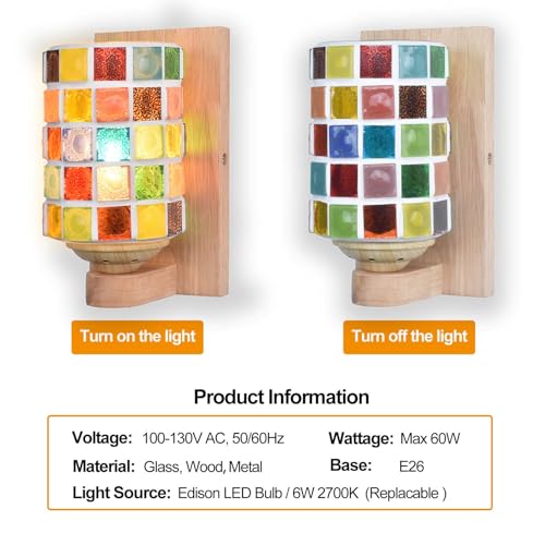 Image of Bedside Colored Mosaic Glass Wall Sconce, Handmade Mediterranean Bohemian Turkish Moroccan Wall Lamp Stained Glass Wall Light Fixtures for Bedroom Living Room Hallway Vanity Corridor Bulb Included