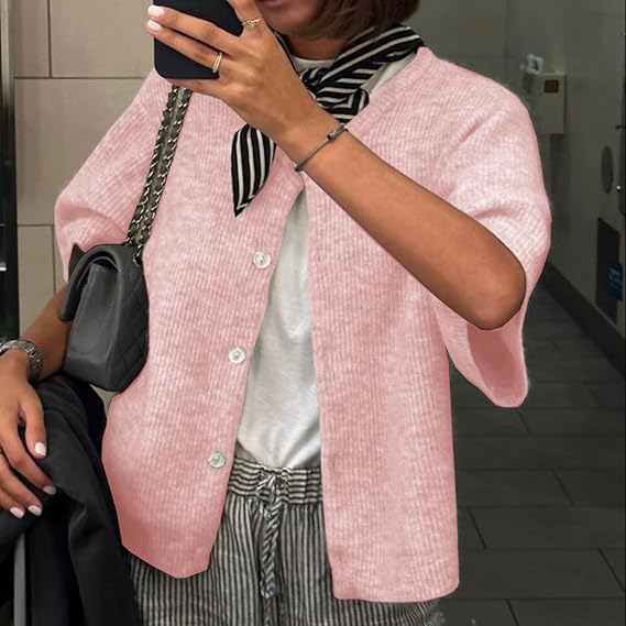 RUEWEY Women's Knitted Button Down Cardigan Short Sleeve Crew Neck Relaxed Sweater Going Out Knit Tops - Image 4