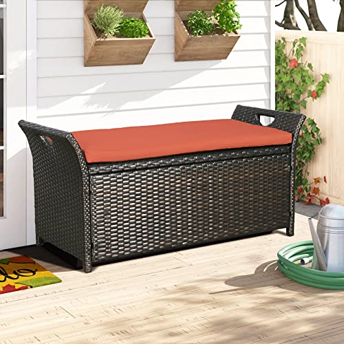 Ulax Furniture Outdoor Storage Bench Rattan Style Deck Box W/Cushion #TOP24