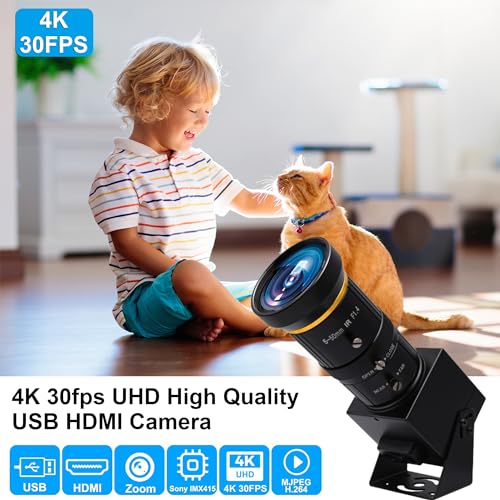 MMlove 4K HDMI USB Camera 30FPS Webcam 10X Variable Focus 5-50mm Zoom Lens H.265 2X Digital Zoom PC Streaming Close up Zoom in and Out Web Camera for Conference Classes