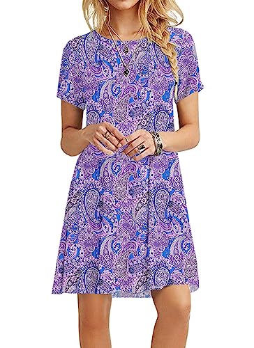 MOLERANI Women's Casual Plain Simple T-Shirt Loose Dress(Boho Floral Purple,2XL)