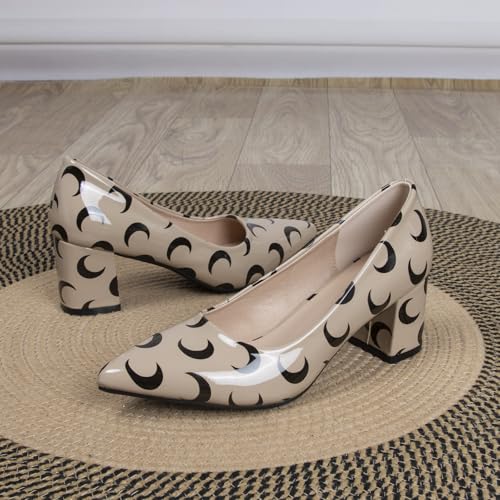Pointed Toe Low Block Pumps for Women 2 Inch Closed Toe Slip-On Heels with Moon Print Comfortable Patent Leather Dress Heels Work Dating Party Shoes3