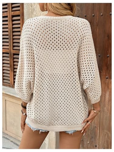 Women's Crochet Hollow Out Sweater 3/4 Sleeve Knit Pullover Summer Boho Tops Concert Outfits2