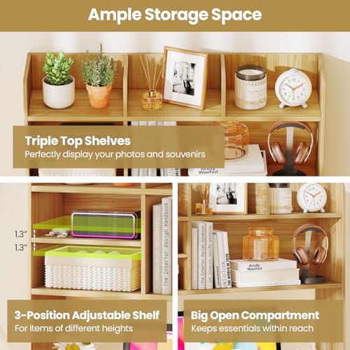 Image of Tangkula Desktop Bookshelf for Computer Up to 32 inch, 37 inch Countertop Storage Hutch with 6 Storage Shelves, 3-Tier Desktop Organizer Display Rack, Wooden Desk Hutch for Dorm Home Office (Burlywood)