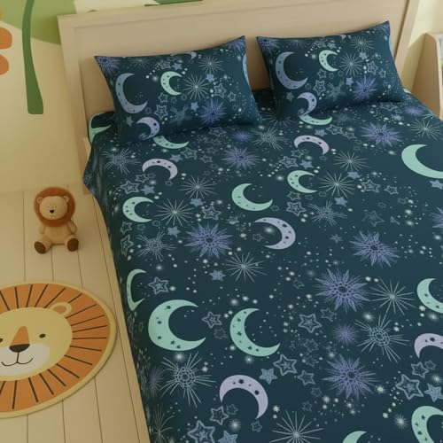 Image of Filymore Moon Star Kids Double Bed Sheet with 2 Pillow Covers 180 TC Soft Microfiber for Kid Room Bedcover Size (90 X 90) inches, Nevyblue and White