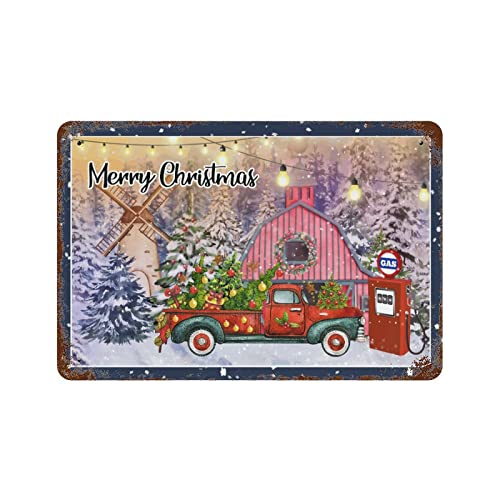 WengBeauty Panneau en étain Merry Christmas Station d'essence, camion, cadeau d'hiver, panneau de cour, panneau de rue de ferme, panneau de maison, bar, pub, abri de jardin, cadeau 20,3 x 30,5 cm