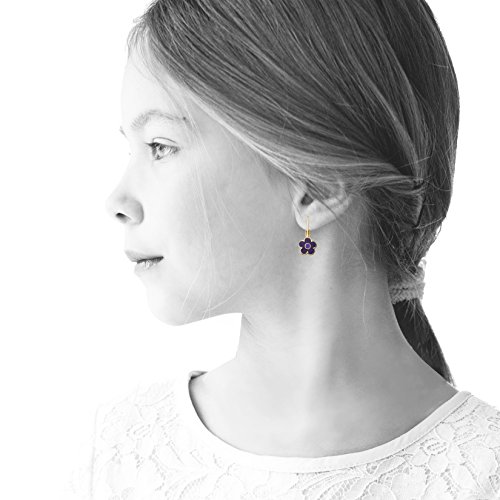 Little Miss Twin Stars Girls Earrings - 14K Gold Plated Purple Flower Leverback Earring - Hypoallergenic And Nickel Free For Sensitive Ears #TOP4