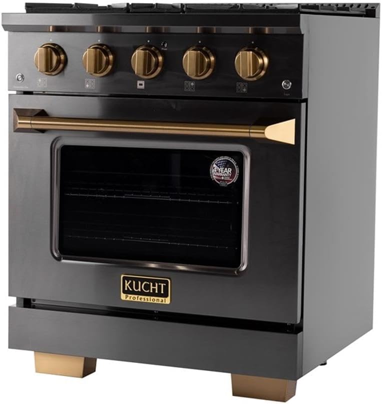 Pemberly Row 30 in Propane Gas Range, Titanium Stainless Steel Finish, Gold Accents, 4-Burner Design, Heavy-Duty Cast Iron Grates, Large Convection Oven, Premium Kitchen Cooking Appliance