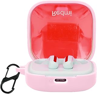 جراب حماية سيليكون لسماعات ريدمي بودز 6 اكتيف وبحلقة تعليق سلسلة مفاتيح مضادة للضياع (لون وردي) من كيو دبليو واي جيه