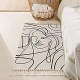 Wolala Home Hand Woven Cotton Rugs Black White Lines Art Floor Mat Entry Way Rug with Tassels and No