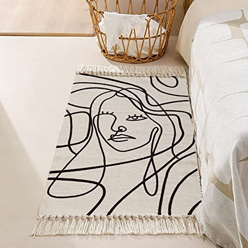 Wolala Home Hand Woven Cotton Rugs Black White Lines Art Floor Mat Entry Way Rug With Tassels And Non-Slip Mats Door Porch Area Rugs Kitchen Bathroom 2X3 Feet,Machine Washable (A) #TOP13