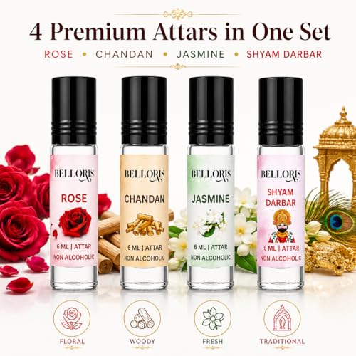 Image of Rose, Chandan, Jasmine & Shyam Darbar | Attar Gift Set for Men & Women | Non Alcoholic Long Lasting Attar Perfume Oil | Roll On Fragrance Combo Pack (4 x 6ml) Natural Attar for Pooja & Meditation (SHYAM DARBAR)
