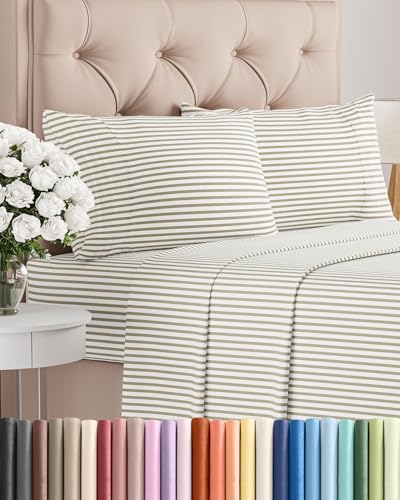 Image of Twin 4 Piece Bed Sheet Set - Breathable & Cooling Sheets - Beige Stripes | Ultra Soft Hotel Luxury Bedding Set with 8-16 Inch Deep Pockets, 1 Flat & 1 Fitted Sheet & 2 Pillowcases, Wrinkle & Fade Free