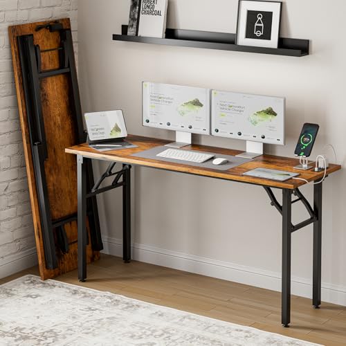 Image of Frylr Small Folding Computer Desk - 55.1 Inch Portable Table for Craft and Study, Lightweight Desk for Small Spaces, Foldable Laptop Table Built-in AC /USB Outlets for Convenience, Rustic Brown