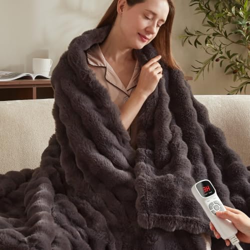 Electric Heated Blanket,50x60 Heating Throw Soft Bubble Flannel D...