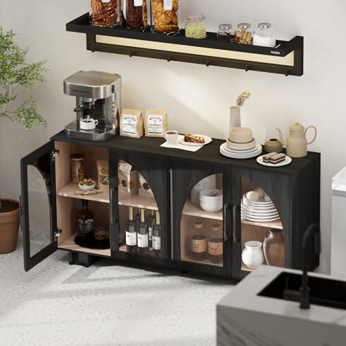 Image of Sideboard Buffet Cabinet with Storage, 63 inch Modern Accent Cabinet with Glass Doors, Minimalist Media Console with Adjustable Shelves, Arched Credenza for Living Room Entryway Kitchen, Black