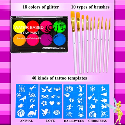 Witcrskm Glow In The Dark Face Paint Kits For Kids, Face Paint With 8* Colors Neon Pigment, 80* Temporary Tattoo Templates And 10* Brush , Ideal Gift Party Favor For 3-14 Year Old Girls Boys, Fluorescence Paint For Party, Halloween, Christmas #TOP1