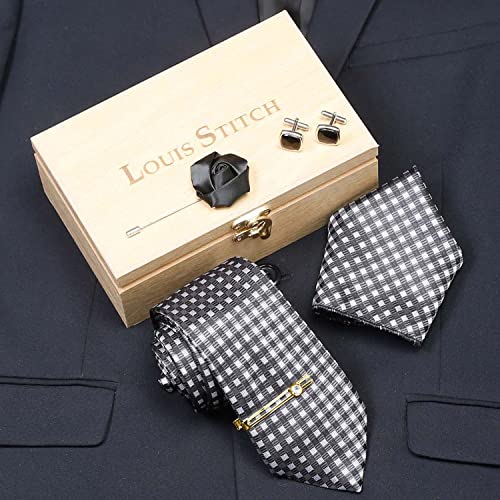 Image of LOUIS STITCH Mens Silk NeckTie Golden Tiepin Gift Combo Set With Pocket Square Cufflinks Brooch Tie Golden Tiepin (Suit Accessories) (Britain)