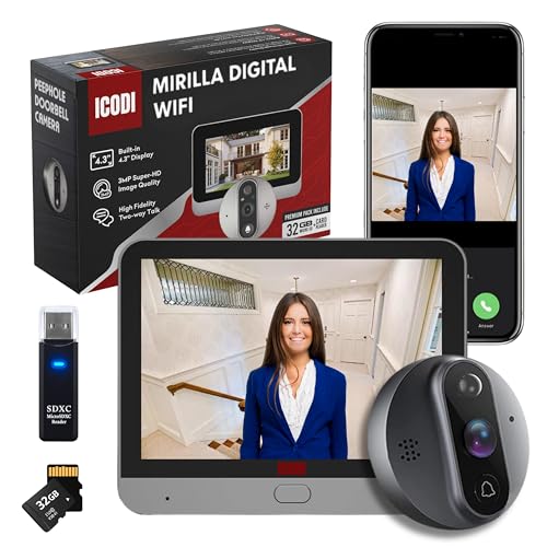 ICODI Mirilla Digital Puerta WiFi Grabadora, Pack Premium 3MP Super-HD, Pantalla 4.3', 5200 mAh, Sin Suscripción ni Cuotas, con MicroSD de 32GB, Alexa/Google Home, hasta 4 Dispositivos, App TuyaSmart