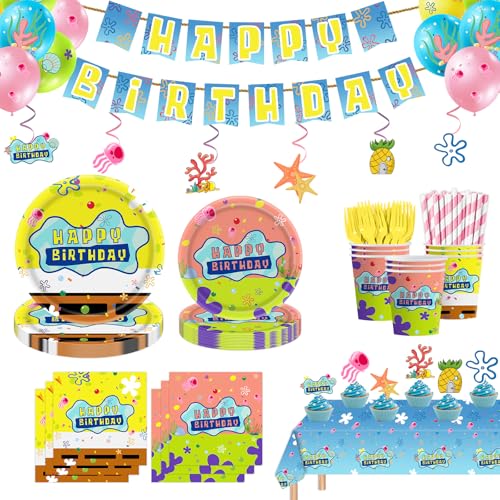 175PCS Yellow Cartoon Party Supplies Ocean Tableware Set for Kids Boys Girls Birthday Party Decorations Yellow Undersea Happy Birthday Themed Napkin Cups Forks Knives Tablecloth Balloon for 24Guests
