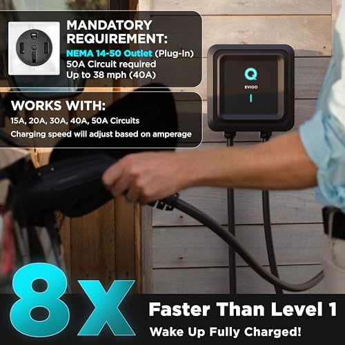 EVIQO Level 2 EV Charger 40 Amp - 9.6 kW 240V Wall Home EV Charger Level 2, NEMA 14-50 Plug, J1772 25' Cable - Enhanced Wi-Fi – UL, ETL Certified EVSE, Smart Electric Vehicle Charging Stations – GEN 2