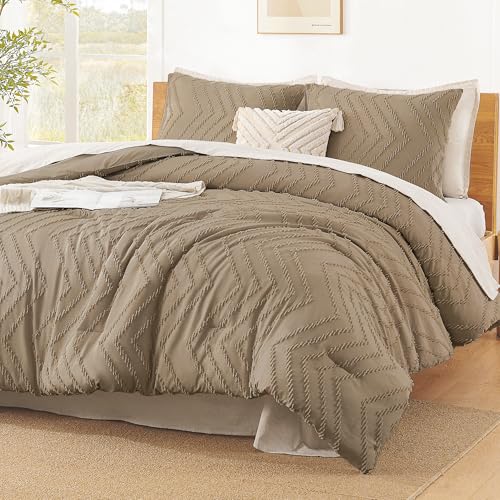Image of Litanika Boho King Comforter Set, 3 Pcs Taupe Lightweight Bedding Set