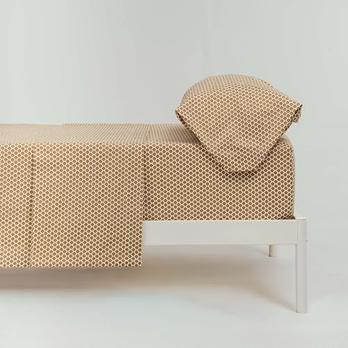 TRAMAS+ Sabanas 105x190 / 200cm 100% algodón Suave, Juego de sábanas 3 Piezas, Sabana Bajera Ajustable, Encimera, 2 Fundas de Almohada 125x45cm, Certificado Oeko Tex - Cama 105, Iñaki Ocre