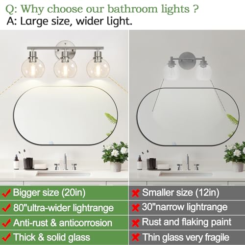 Image of Indoi 3-Light Bathroom Light Fixtures, Brushed Nickel Modern Vanity Lights Over Mirror with Clear Glass Globe Shade, Bathroom Wall Sconces for Mirror Kitchen Living Room Hallway Cabinet Bedroom Porch
