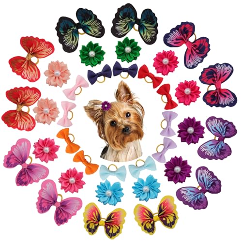 36 Pcs Dog Bows Puppy Kitten Hair Bowknots with Rubber Band Flower Pearls Butterfly Top Knot Pets Dogs Cats Grooming Accessories for Christmas Party Birthday