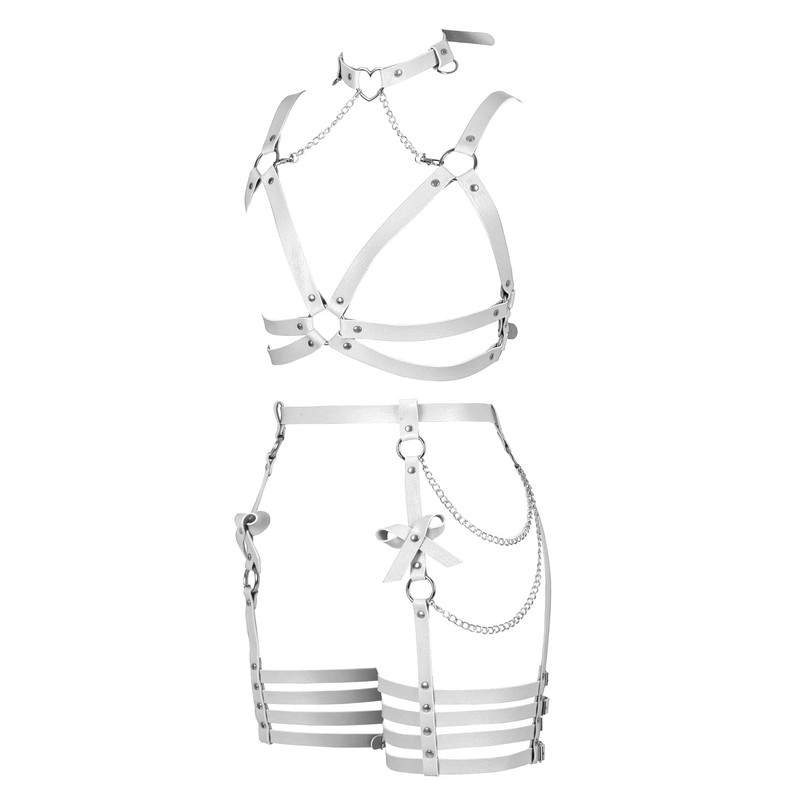 BANSSGOTH Womens Harness Leather Body Chain Bowknot Lingerie Garter Belts Set Hollow Out Christmas Dance Fashion Clothing