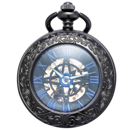 Kchss Mechanical Pocket Watches for Men Women Dragon Phoenix Pattern Magnifier Half Hunter Engraved Case Roman Numerals with Chain Black