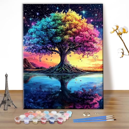 MEIYUDA Dipingere con i Numeri Adulti Albero Della vita Colorato, Pittura a Olio Kit Paint by Numbers fai da te Quadri da Dipingere Numerat, Pittura Adulti Decora la Casa Regalo 30x40cm(Senza Cornice)