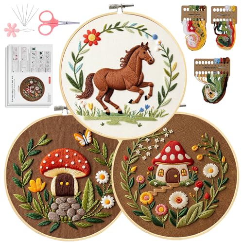 Image of Santune 3 Pack Embroidery Kit Cross Stitch Needlepoint Kits for Beginners Adult Needle Point Sets with Mushroom & Horse Embroidery Patterns, Includes Step-By-Step Instructions & Accessories