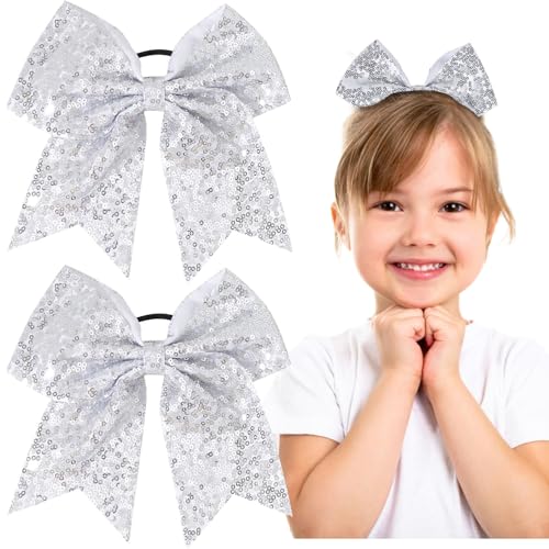 Image of 2 PCS 8" Large Glitter Cheer Bows Sequin Cheer Hair Bows Handmade for Jumbo Cheerleading Teen Girls Sports (Silver)