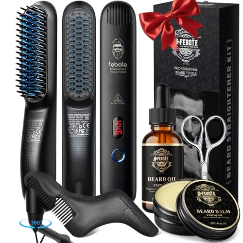 FEBOTE Beard Straightener Kit for Man- Heated Grooming Beard Brush Beard Balm Comb Beard Growth Oil Value Gift Set for Fathers Day No-Scald for Soft Thick Curly Beard Prevent Damage