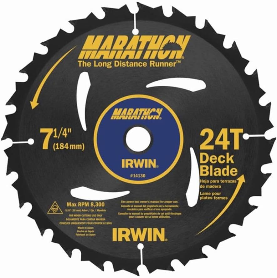 IRWIN Tools MARATHON Carbide Corded Circular Deck Saw Blade, 7 1/4-inch, 24T (14130)
