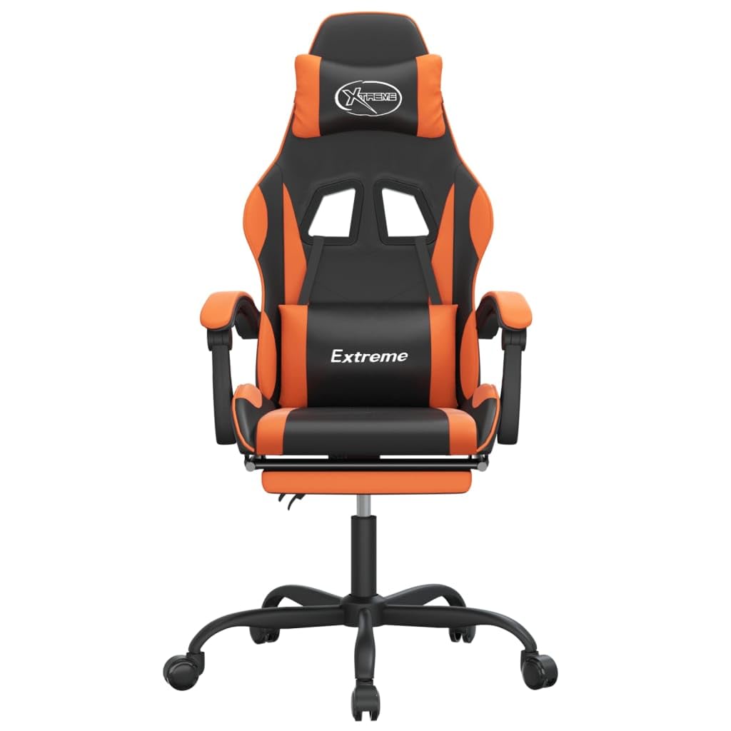Gaming-Stuhl mit Fußstütze und Rollen, Kunstleder Schwarz Orange, Drehbar mit Höhenverstellung und Wippfunktion, Ergonomischer Bürostuhl für Gamer und Streaming-Sessions