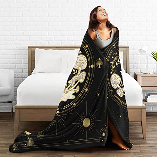 Mushroom Hippie Decor Fleece Blanket Fuzzy Soft Plush Gothic Moth Skull Sun Moon Blanket For All Season Throws For Home Couch Bed Sofa Livingroom Office 80X60In #TOP3