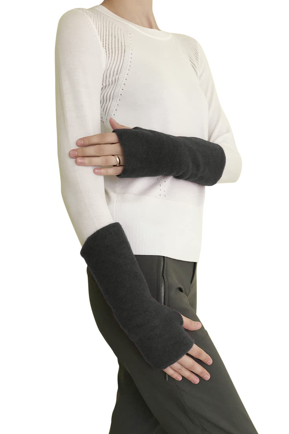 Ecoable Women’s Arm Warmer Sleeves - Fingerless Gloves with Thumb Holes, Pure Merino Wool Fleece (Black Melange)
