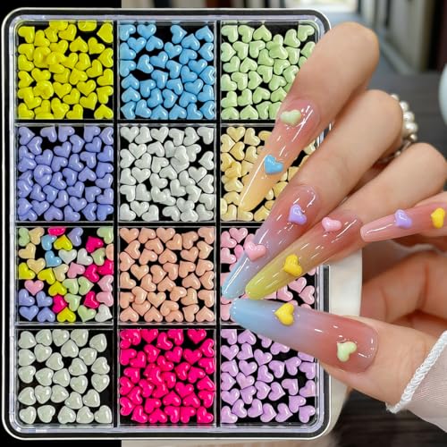 3D Heart Nail Charm Flat Back Mini Heart Nails Rhinestone Color Hearts Nail Charms Love Nail Art Charm for Women Acrylic Nails Supplies Craft DIY Manicure Decoration Accessories 12Grid