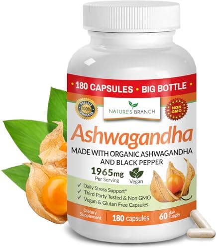 UDAF Verified Organic Ashwagandha with Black Pepper – 180 Capsules – 1965mg Extra Strength for Stress, Sleep, Mood, Thyroid, Focus, Hair, Vegan Pure Root Extract Powder – Men and Women Supplements