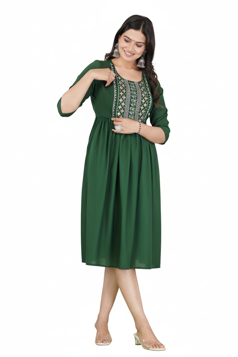 Maternity Anarkali Kurta, Turquoise, Pure Cotton, 3/4 Sleeve, Round Neck, Calf Length, Floral Print, Regular Fit-image-27