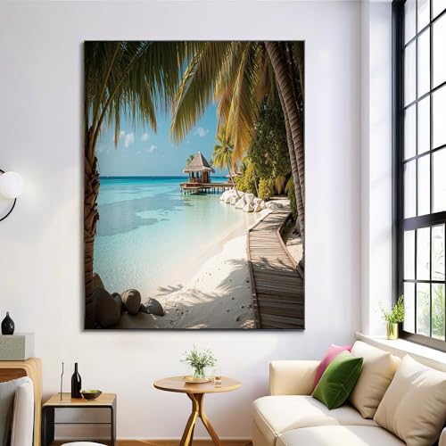 ALTCIRNMD Blanco Puente De Las Palmeras Lienzo Laminas Decorativa De Interiores Arte Paisaje De Las Maldivas Pared Decoración Fotos Cartel Para Dormitorio Baño Cocina Galería Salón Sin Marco 60X90Cm