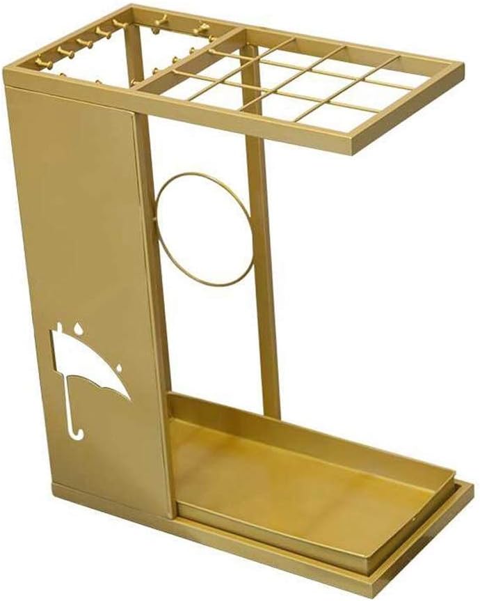 Black Metal Freestanding Umbrella Stand Holder Storage Rack with Hooks Removable Base Drip Tray