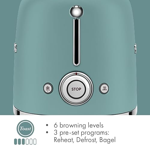 Miniatura 8 de SMEG Tostadora de 2 rebanadas con 6 ajustes preestablecidos y función de descongelación y bandeja de migas extraíble (Jade) Jade,Negro,Gris,Azul