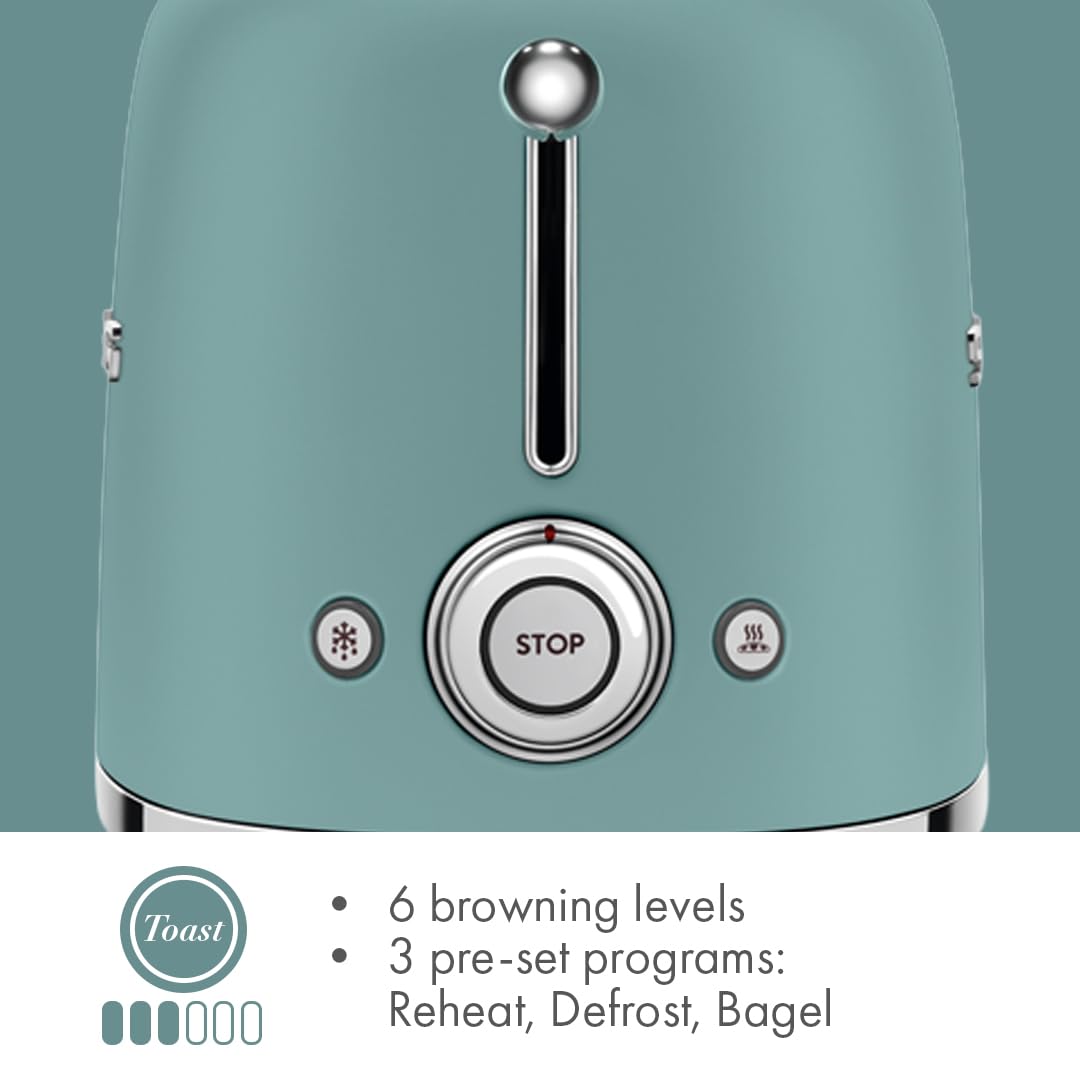 SMEG 2 Slice Toaster with 6 Presets and Defrost Function and Removable Crumb Tray (Jade)
