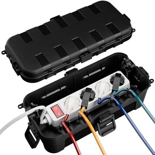 RESTMO Medium wasserdichte Kabelbox für den Außenbereich, IP54 wasserdicht, Wetterfeste Kabelbox, Ideal zum Schutz von Verlängerungskabeln, Steckdosenleisten und Winkelsteckern(29cm×13,2cm×10)-Schwarz