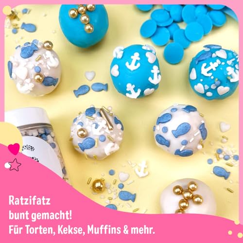 Super Streusel HeiligsFischle - Tortendeko Kommunion Konfirmation essbar, Fische Anker Herzen Unterwasserwelt, Kuchendeko Taufe Firmung Junge Mädchen, Meerjungfrau Streusel blau weiß (90g)