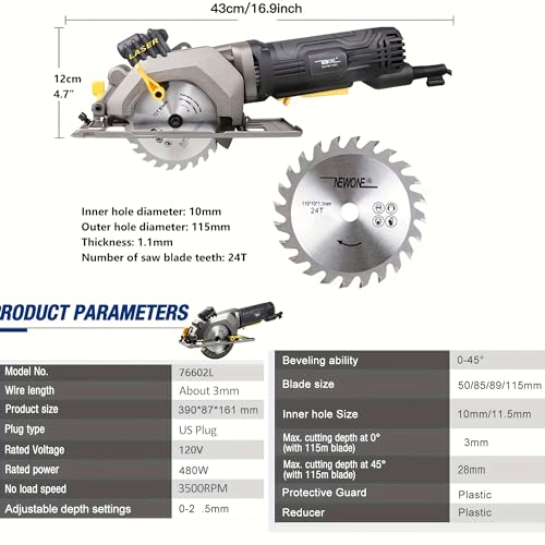 Mini Circular Saw,NEWONE 4.5Amp Electric Circular Saw with 6 Saw Blades,3500RPM,Max Cutting Depth 1-11/16\"(90°), 1-1/8\"(45°),Circular Saw With Laser for Wood, Soft Metal, Tile and Plastic Cuts